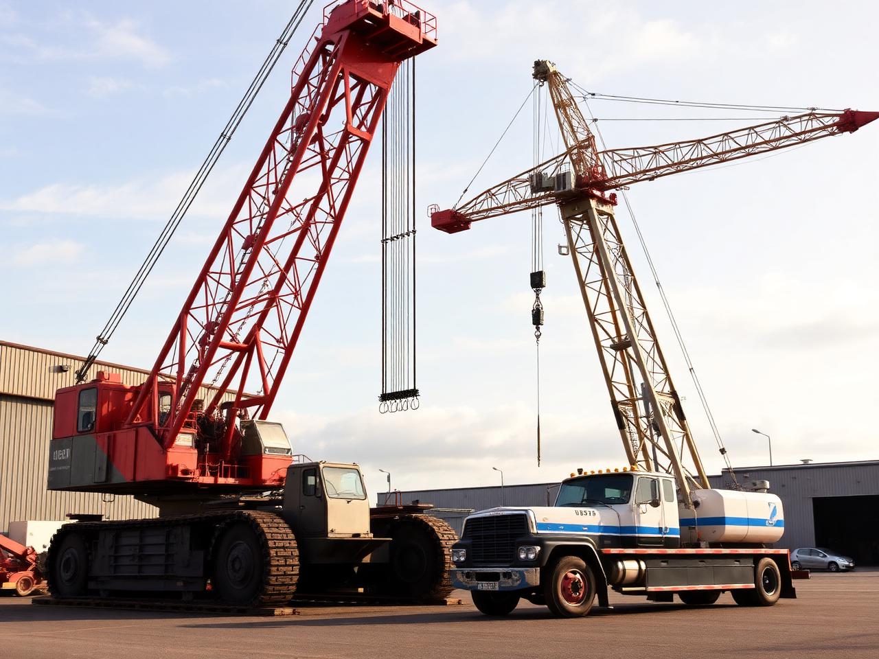 Vintage McKinney crane equipment alongside modern mobile cranes on the company yard in Northern Ireland, illustrating the company's heritage since 1967