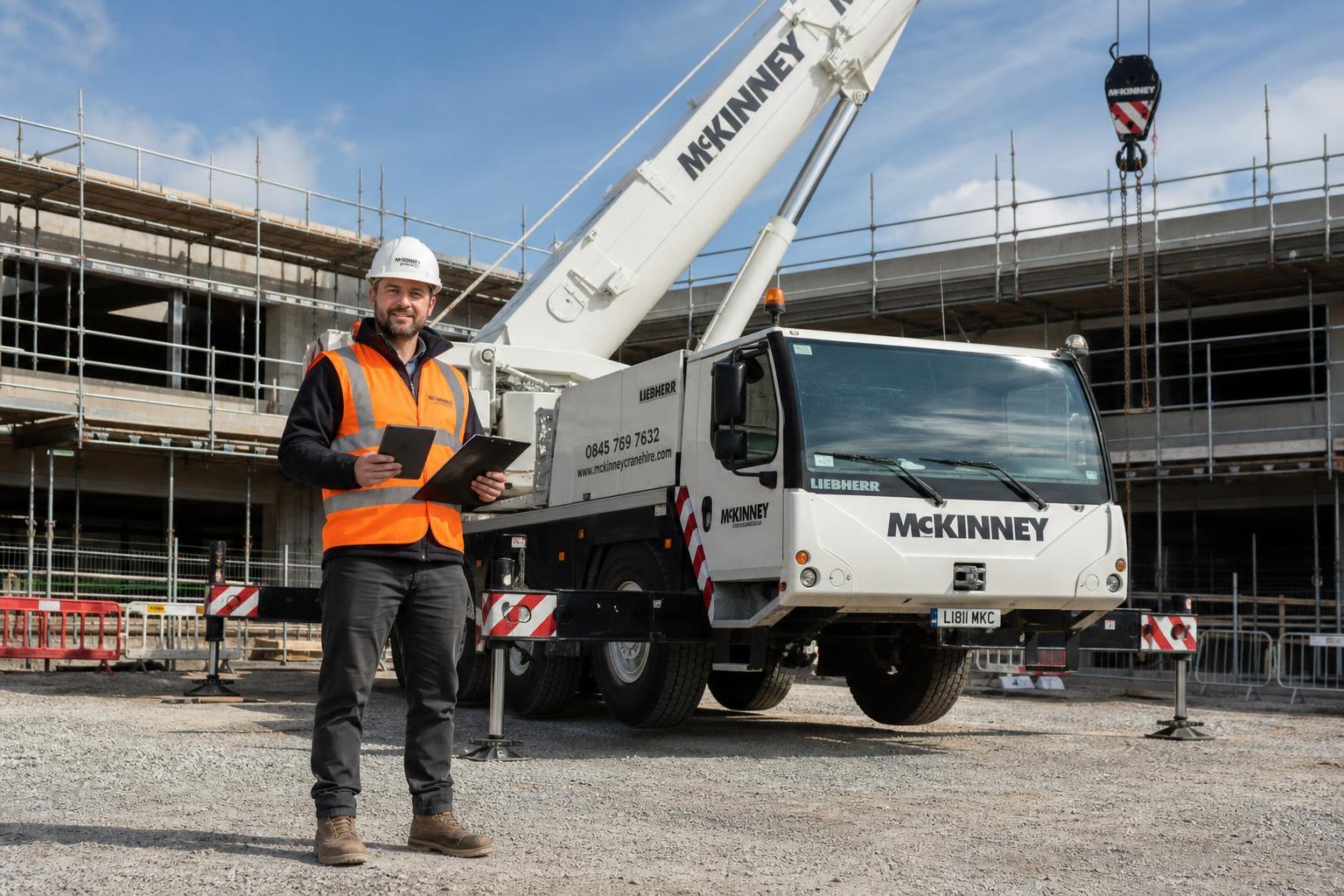 A McKinney appointed lift supervisor coordinating a managed contract lift with method statement clipboard and tablet beside a mobile crane on a clean Irish construction site