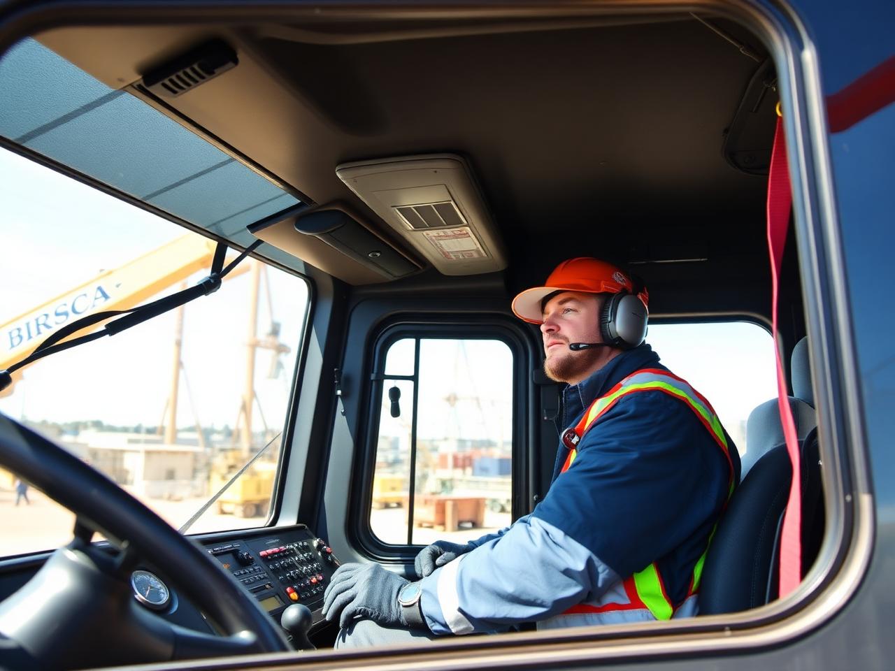 A McKinney crane operator focused at the controls inside the cabin of a mobile crane on a sunny industrial site in Ireland
