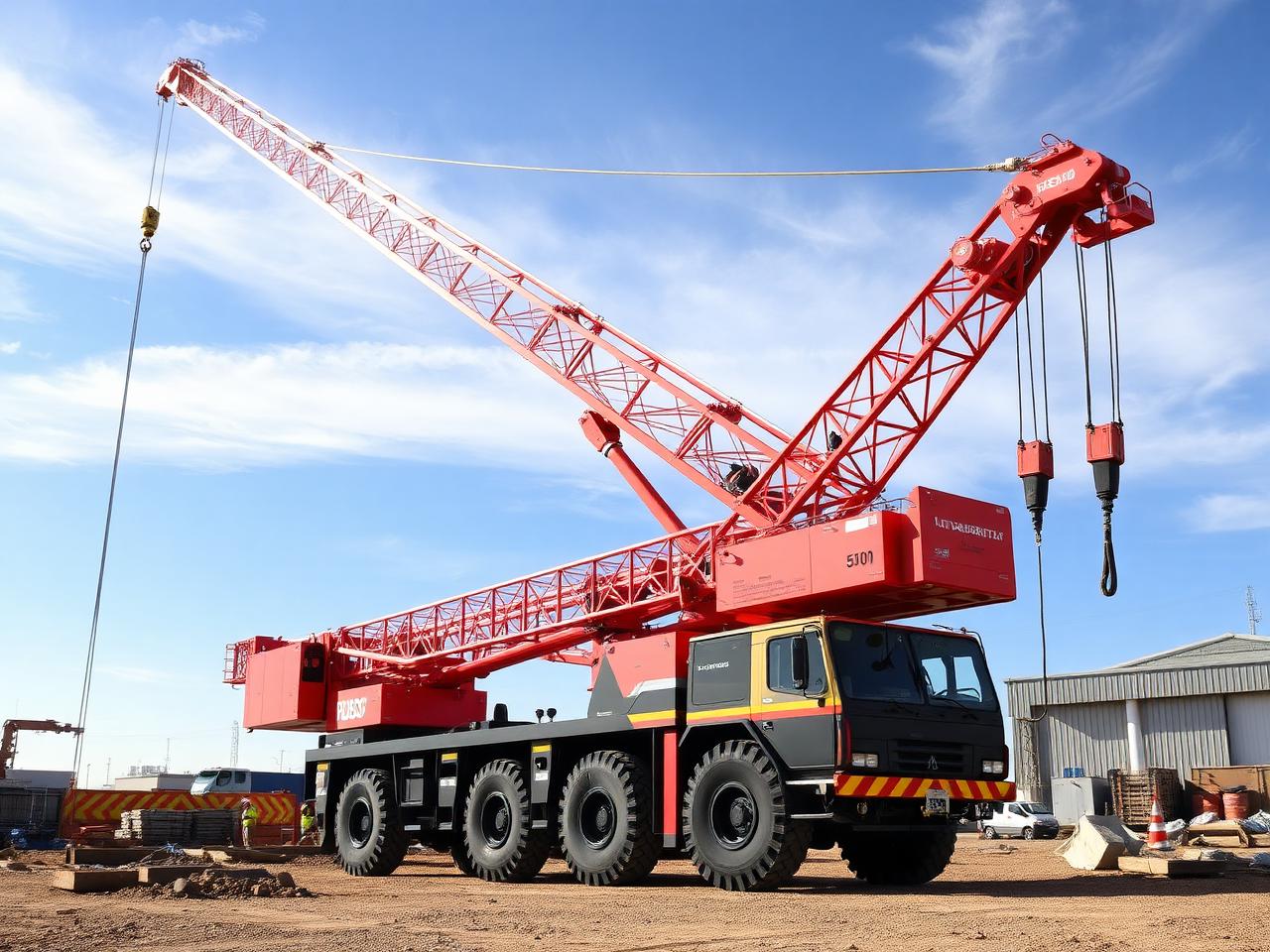 A multi-axle all-terrain mobile crane on a commercial Irish construction site with telescopic boom fully extended at steep angle and hi-vis crew below in clear daylight
