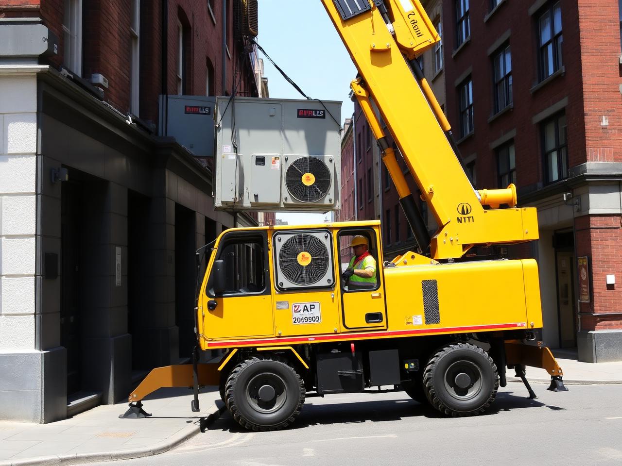 A compact yellow city mobile crane with outriggers extended lifting an HVAC unit in a tight urban street in Northern Ireland under clear daytime conditions