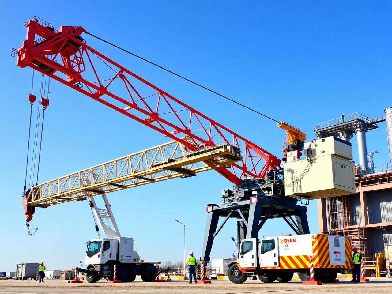A heavy 70-ton mobile crane with fully extended boom performing precision steel erection at a large industrial Irish facility, outriggers locked on heavy pads with hi-vis crew supervising
